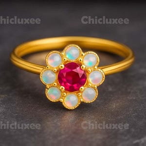 Round Cut Ruby Opal Halo Ring 14k Gold | Engagement Wedding Ring for Women | Anniversary Gift | July October Birthstone Jewelry