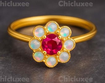 Rubin Opal Blume Ring, Gold Blumen Verlobungsring, Vintage inspiriert Versprechen Ring, Juli Birthstone Schmuck Geschenk für sie