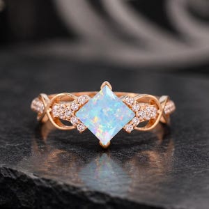 Princess cut Opal engagement ring Unique rose gold engagement ring dainty diamond bridal ring Twist ring promise ring Customized gold gift