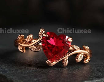 Unique Heart Shaped Red Ruby Engagement Ring, 18k Solid Gold, Engagement Ruby Jewelry July Birthstone Gift For Love Promise Girl Ring