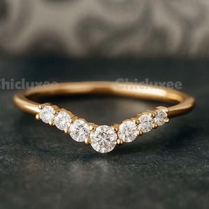 Delicate Moissanite Curved Wedding Band, Handmade 14k Yellow Gold Round Cut Moissanite Matching Band Stacking Curved Bridal Ring For Her