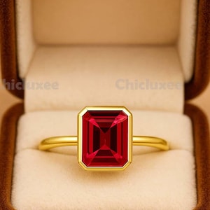Emerald Cut Ruby Solitaire Ring in 14K Yellow Gold Bezel Set July Birthstone Minimalist Engagement Gemstone Jewelry for Women