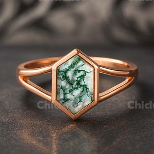 Natural Hexagon Moss Agate Engagement Ring Bezel Set Green Gemstone Ring Art Deco Hexagon Bridal Promise Ring, Anniversary Ring Gift For Her