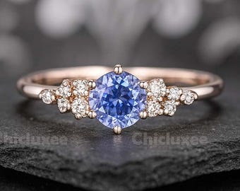 Round natural blue tanzanite ring vintage unique engagement ring 14k white gold 6 prong snowdrift diamond anniversary wedding ring for women