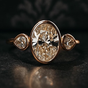 Ovalslipad Moissanitring, Trestensring i 14K massivt guld, Bröllopsförlovning, Jubileumsgåva, Löftesring för kvinnor, Löftesring