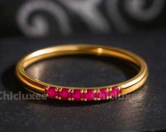 Solid 14K Yellow Gold Ruby Ring, Ruby Wedding Band For Women With 1.5mm Stones in Half Eternity, Anniversary Band Christmas Gifts