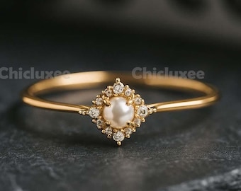 Runde Süßwasserperle und Diamant Ring, 14k Gold feinen Schmuck für Frauen, Juni Birthstone Ring, Perle Cluster Ring, personalisierte Goldring