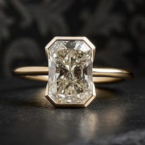 Radiant Cut Moissanite Ring, Solitaire Half Bezel Ring, 14K Solid Gold Wedding Engagement, Anniversary Gift Promise Women Jewellery