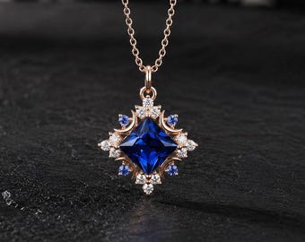 Collar con colgante de zafiro azul, collar gótico de gema azul intenso, colgante celestial victoriano, regalo de piedra natal de septiembre para ella.