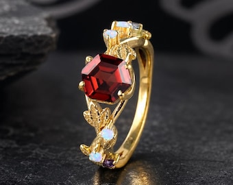 Rubin Natur inspiriert Ring, Gold Blumen Verlobungsring, Vintage Opal Versprechen Ring, Januar Birthstone Schmuck Geschenk für sie
