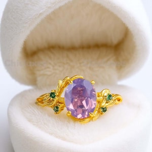 Oval Cut Lavender Amethyst Engagement Women Ring Vintage Rose Gold Art Deco Cluster Leaf Nature Inspired Emerald Bridal Wedding Ring Gifts