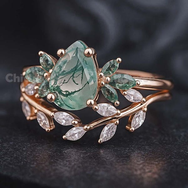 Anillo de compromiso de ágata musgosa con corte en forma de lágrima, anillo vintage de moissanita en oro rosa, anillo de boda con diamantes de talla marquesa y hoja, anillo de compromiso nupcial para mujer.