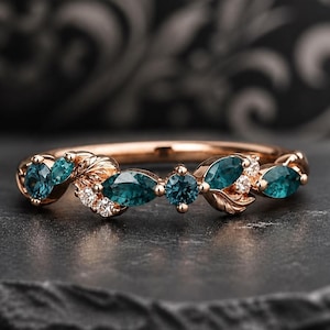 Bladtak Teal Sapphire Trouwring 18K roségoud Marquise Teal Sapphire Moissanite huwelijk sierlijke ring Belofte verjaardag trouwring