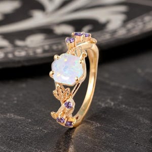 Zweig Opal Ring Vintage Hexagon Schnitt weißer Opal Verlobungsring Weißgold Blatt Amethyst Ring Frauen Oktober Geburtsstein Ring personalisierte Geschenke
