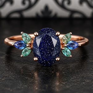 Elegante anillo de compromiso ovalado de arenisca azul con diseño de galaxia curativa, anillo de boda de ágata musgosa vintage en oro rosa de 14k, anillo de alejandrita (piedra natal de junio).