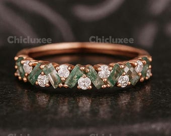 Unique Moss Agate Ring Moss agate Wedding Band Gold Rings Art Deco Half Eternity Band Moss Agate Matching Rings Personalized Gift For Her