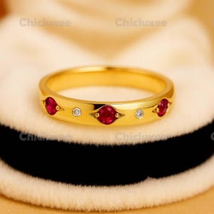 Ruby and Diamond Band Ring in 14K Yellow Gold July Birthstone Dainty Stacking Wedding Band Fine Minimalist Jewelry for Women