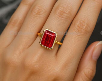 Emerald Cut Ruby Solitaire Ring in 14K Yellow Gold Bezel Set July Birthstone Minimalist Engagement Gemstone Jewelry for Women