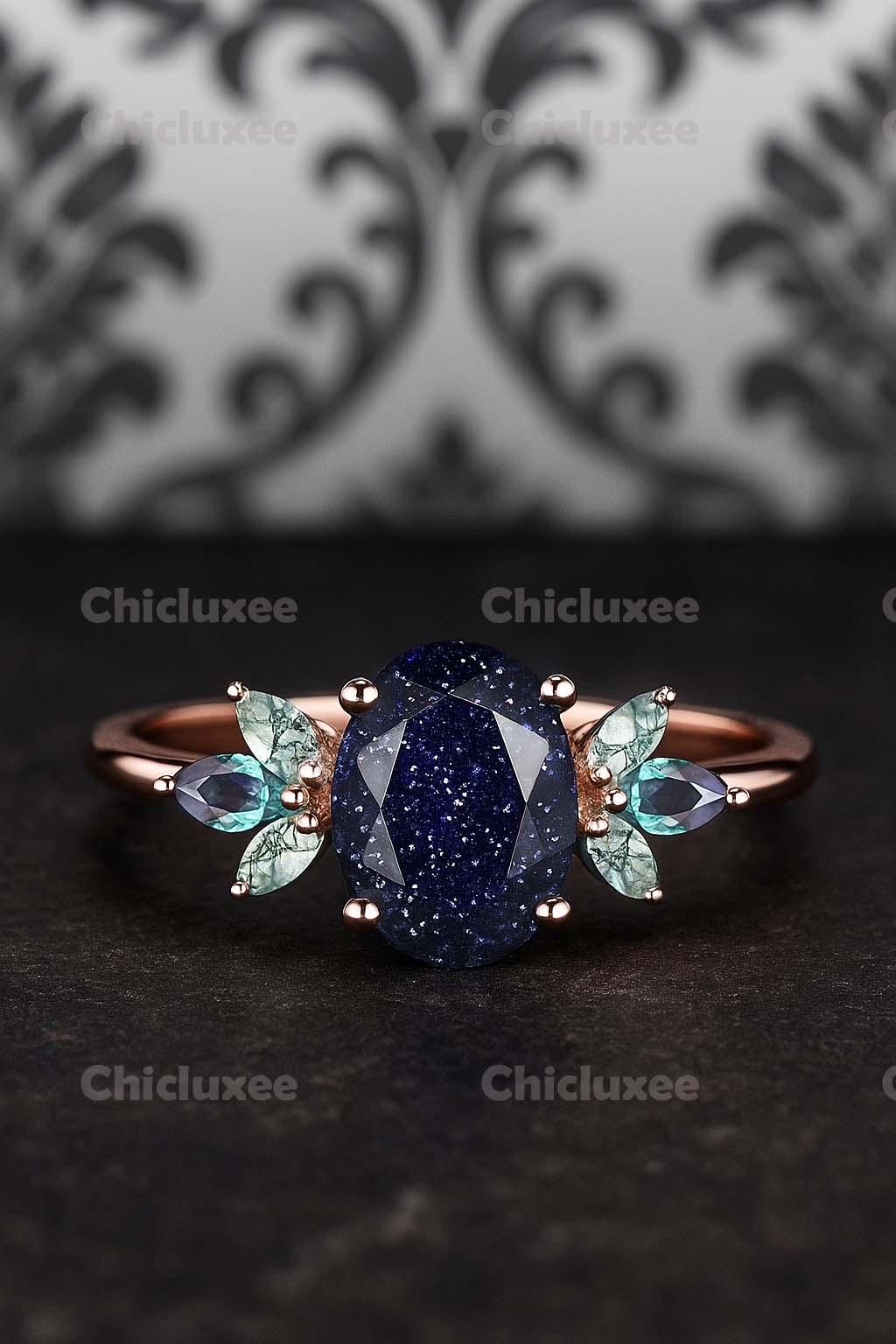 Elegant Galaxy Healing Oval Blue Sandstone Engagement Ring Moss Agate  Wedding Ring Vintage 14k Rose Gold June Birthstone Alexandrite Ring, image size:1024x1536