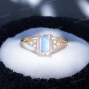 Emerald Cut Natural Moonstone Engagement Ring, Unique 14k Gold Cluster Ring, Handmade Art Deco Promise, Proposal, Bridal Ring, Gift For Her