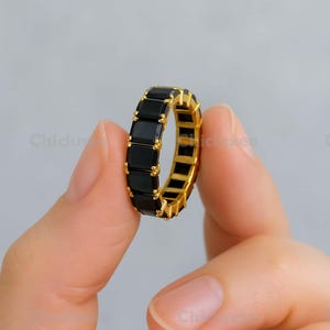 Vintage Black Onyx Wedding Band, 14k Yellow Gold Handmade Art Deco Band, Dainty Proposal Ring, Bridal Promise Jewelry, Birthday Gift Band
