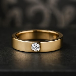 Round Cut Moissanite Bezel Set Ring, 14K Solid Yellow Gold Solitaire Band, Wedding Engagement, Anniversary Gift Promise Women Jewellery