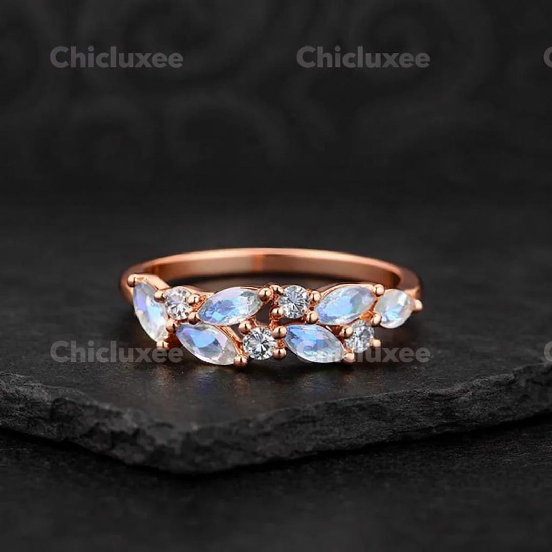 Marquise Cut Natural Moonstone Wedding Band, Cluster Wedding Band ...