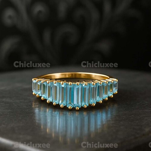 Aquamarine Baguette Wedding Band, Gold Stacking Eternity Ring, March Birthstone Ring, Minimalist Bridal Jewelry Gift
