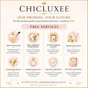 May include: An advertisement for Chicluxee jewelry, featuring a gold crown logo and text. The image highlights free services like engraving, worldwide shipping, custom orders, and personalization. Other services include gemstone selection, premium quality, secure transactions, and beautiful packaging.