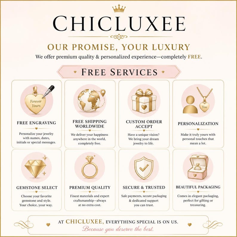 May include: An advertisement for Chicluxee jewelry, featuring a gold crown logo and text. The image highlights free services like engraving, worldwide shipping, custom orders, and personalization. Other services include gemstone selection, premium quality, secure transactions, and beautiful packaging.