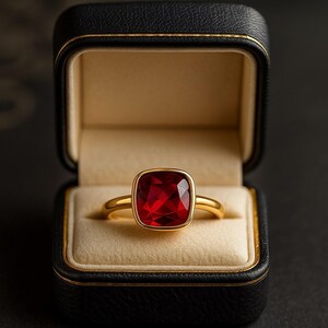 K&ouml;nnte beinhalten: Ein goldener Ring mit einem gro&szlig;en, quadratisch geschliffenen, tiefroten Edelstein. Der Ring wird in einer offenen schwarzen Schmuckschatulle mit cremefarbenem Innenraum pr&auml;sentiert. Die Schatulle hat goldfarbene Verzierungen.