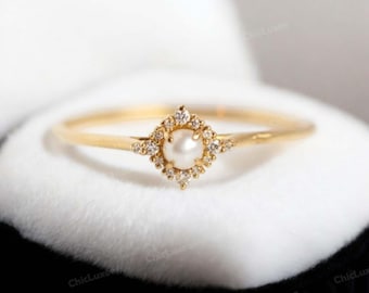 Freshwater Round Pearl And Diamond Ring, 14k Gold Fine Jewelry For Women, June Birthstone Ring, Pearl Cluster Ring, Personalized Gold Ring