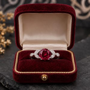 May include: A silver ring featuring a large, round, deep red gemstone at the center, flanked by smaller marquise-cut and round white stones arranged in a leaf-like pattern along the band, presented inside a deep red velvet jewelry box.