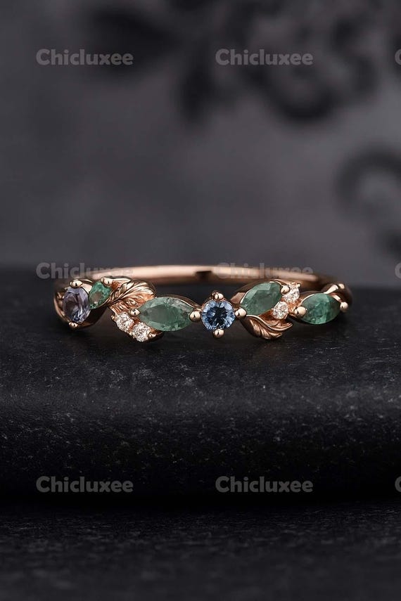 Leaf Branch Moss agate Wedding band 18K Rose Gold Marquise Alexandrite Moissanite marriage ring Dainty ring Promise Anniversary wedding band