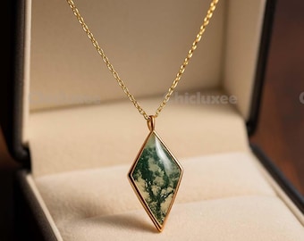 Natural Moss Agate Kite Shape Necklace Silver Sterling Silver Necklace Dainty Necklace Kite Shaped Moss Agate Promise Gift Statement