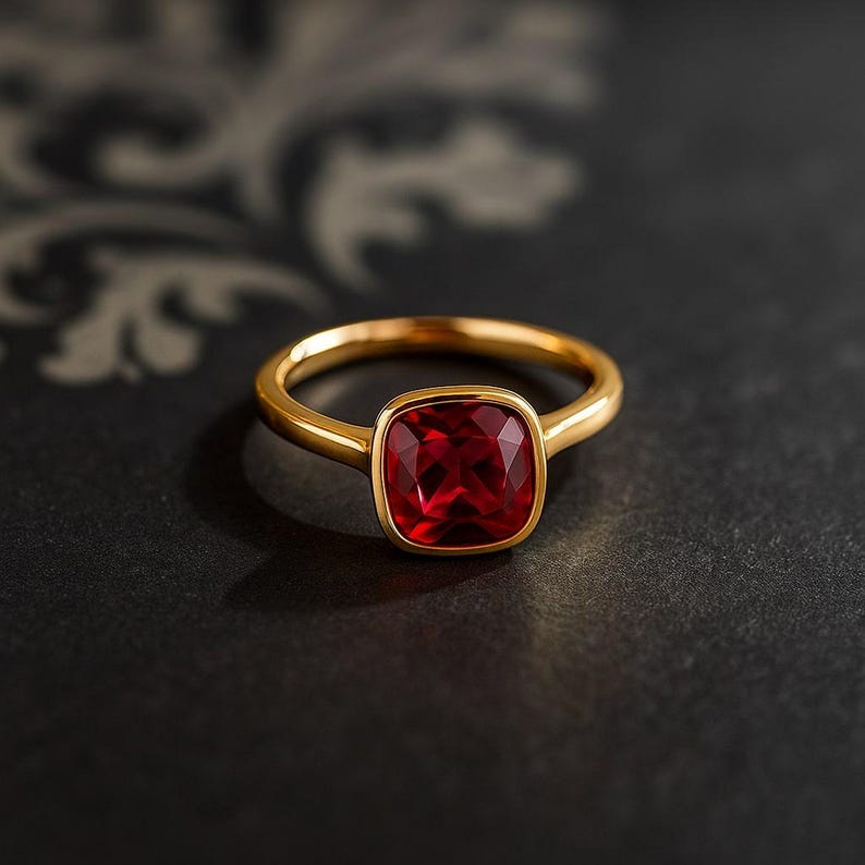 K&ouml;nnte beinhalten: Ein goldener Ring mit einem quadratischen, tiefroten Edelstein. Das Band des Rings ist aus poliertem Gold, und der Edelstein ist in einer goldenen L&uuml;nette gefasst. Der Ring wird auf einer dunklen Oberfl&auml;che pr&auml;sentiert, um seine Farbe und sein Design hervorzuheben.