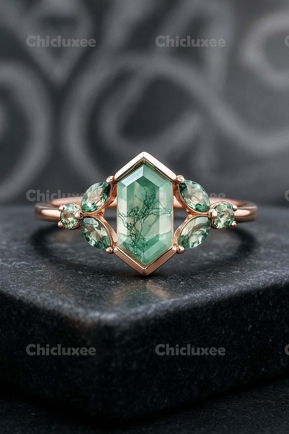 Natural Moss Agate Engagement Ring 925 Sterling Silver Ring Women's Fine Jewelry Crystal Healing Gemstone Gift Anniversary Ring Promise Ring