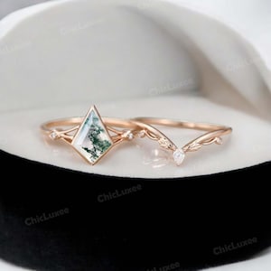 Vintage Kite Green Moss Agate Ring Set 14k Rose Gold Natural Agate Engagement Ring Promise Ring Green Gemstone Anniversary Gift For Her