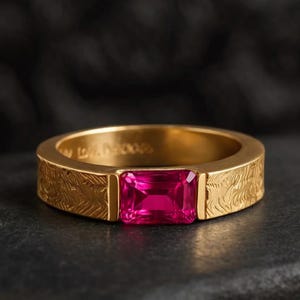 Puede incluir: Un anillo dorado con una gema rosa brillante de forma rectangular. La banda tiene un diseño grabado y texturizado. El anillo se encuentra sobre un fondo oscuro, resaltando el oro y el rosa.