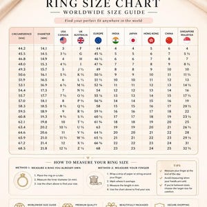 May include: A ring size chart by chicluxee featuring a worldwide size guide table with columns for circumference, diameter, and various international sizing standards, along with instructions on how to measure ring size and finger size.