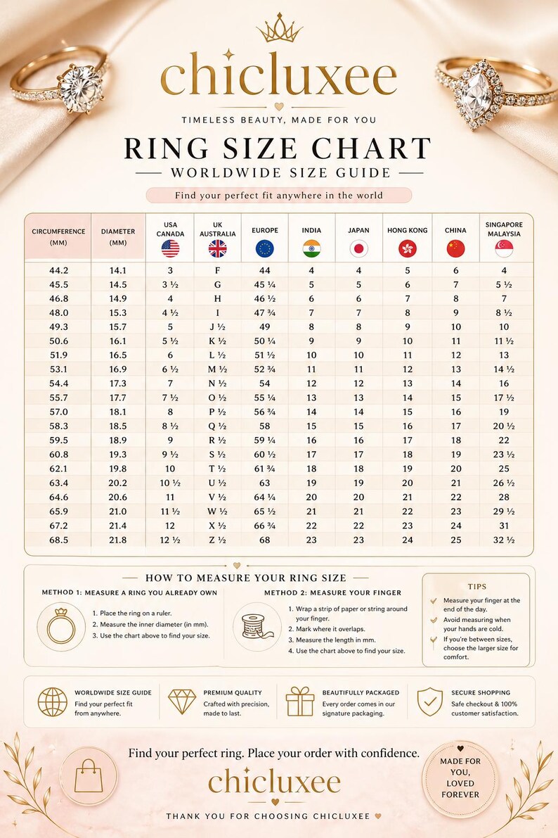May include: A ring size chart by chicluxee featuring a worldwide size guide table with columns for circumference, diameter, and various international sizing standards, along with instructions on how to measure ring size and finger size.