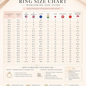 May include: Ring size chart with measurements in millimeters and corresponding sizes for various countries, including the USA, UK, and Japan. The chart also provides instructions on how to measure ring size.
