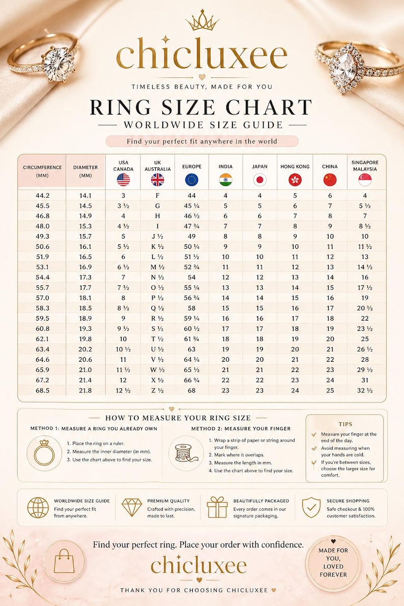 May include: Ring size chart with measurements in millimeters and corresponding sizes for various countries, including the USA, UK, and Japan. The chart also provides instructions on how to measure ring size.