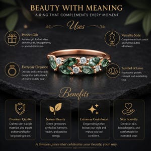May include: A rose gold ring with green gemstones and white diamonds. The ring is designed with a leaf-like pattern and is displayed on a black background. The text "BEAUTY WITH MEANING" is at the top.