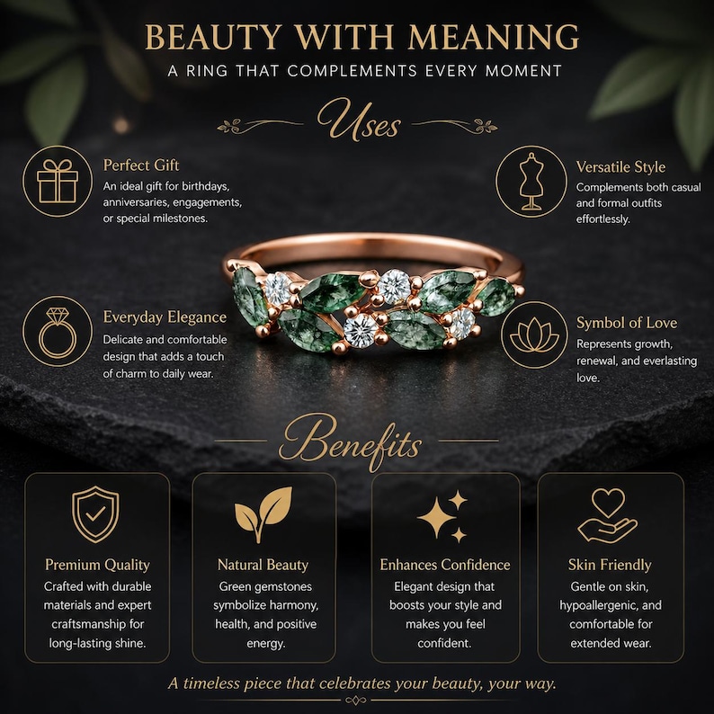 May include: A rose gold ring with green gemstones and white diamonds. The ring is designed with a leaf-like pattern and is displayed on a black background. The text "BEAUTY WITH MEANING" is at the top.