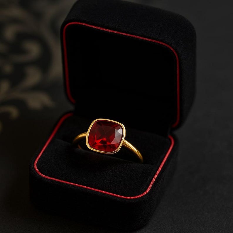 K&ouml;nnte beinhalten: Ein goldener Ring mit einem gro&szlig;en, quadratischen, roten Edelstein wird in einer offenen schwarzen Schmuckschatulle mit roter Umrandung pr&auml;sentiert. Der Ring hat ein d&uuml;nnes, goldenes Band, das das leuchtende Rot des Edelsteins erg&auml;nzt.