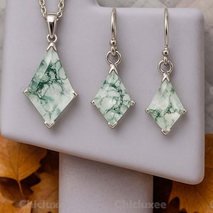 Natural Moss Agate Kite Earrings & Kite Necklace Combo Dainty Necklace 925 Sterling Silver Necklace Combo Gift for Love Vintage combo