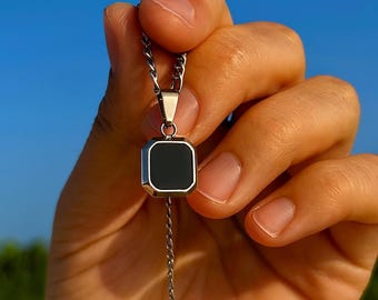 Black Onyx Necklace, Men's Silver Necklace, Mens Stone Pendant, Men's Jewellery, Black Stone Pendant, Men's Fashion Father's Day Gift