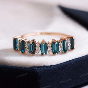 Baguette London Blue Topaz Engagement Ring, 18k Solid Gold London Blue Topaz Eternity Ring, Unique, Art Deco Dainty Moissanite Stacking Ring