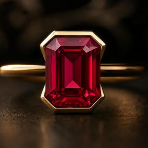 May include: A gold ring featuring a large, rectangular, deep red gemstone. The gemstone is set in a gold bezel, and the band is a simple, polished gold. The ring is displayed against a dark background, highlighting the vibrant color of the stone.